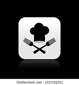 Black Chef hat and crossed fork icon isolated on black background. Cooking symbol. Restaurant menu. Cooks hat. Silver square button. Vector Illustration