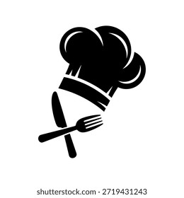 Sombrero negro del cocinero con el tenedor cruzado y el cuchillo en fondo blanco