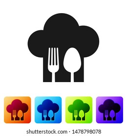 Black Chef hat with fork and spoon icon isolated on white background. Cooking symbol. Restaurant menu. Cooks hat. Set icon in color square buttons. Vector Illustration