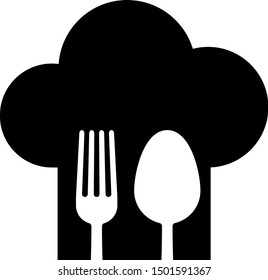 Black Chef hat with fork and spoon icon isolated on white background. Cooking symbol. Restaurant menu. Cooks hat.  Vector Illustration