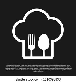 Black Chef hat with fork and spoon icon isolated on black background. Cooking symbol. Restaurant menu. Cooks hat.  Vector Illustration