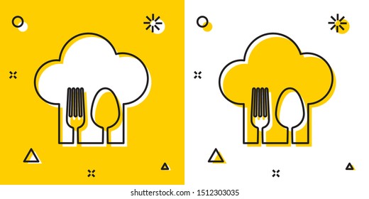 Black Chef hat with fork and spoon icon isolated on yellow and white background. Cooking symbol. Restaurant menu. Cooks hat. Random dynamic shapes. Vector Illustration