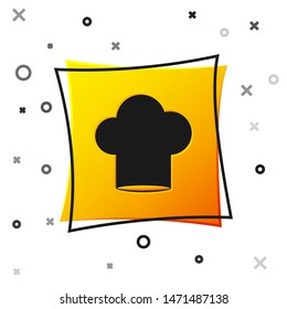 Black Chef hat icon isolated on white background. Cooking symbol. Cooks hat. Yellow square button. Vector Illustration