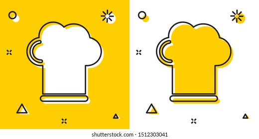 Black Chef hat icon isolated on yellow and white background. Cooking symbol. Cooks hat. Random dynamic shapes. Vector Illustration