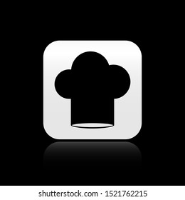 Black Chef hat icon isolated on black background. Cooking symbol. Cooks hat. Silver square button. Vector Illustration