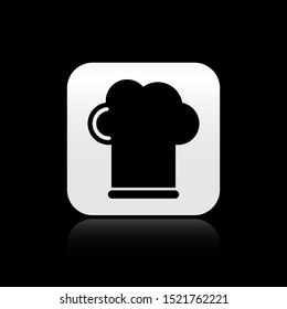 Black Chef hat icon isolated on black background. Cooking symbol. Cooks hat. Silver square button. Vector Illustration