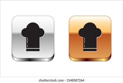 Black Chef hat icon isolated on white background. Cooking symbol. Cooks hat. Silver-gold square button. Vector Illustration