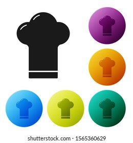 Black Chef hat icon isolated on white background. Cooking symbol. Cooks hat. Set icons colorful circle buttons. Vector Illustration