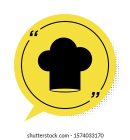 Black Chef hat icon isolated on white background. Cooking symbol. Cooks hat. Yellow speech bubble symbol. Vector Illustration
