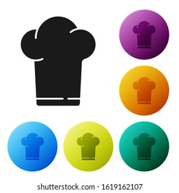 Black Chef hat icon isolated on white background. Cooking symbol. Cooks hat. Set icons colorful circle buttons. Vector Illustration