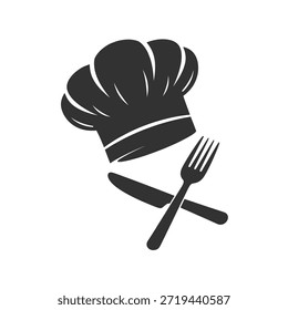 Sombrero de chef negro, cuchillo y tenedor cruzados sobre un fondo blanco, simbolizando la profesión culinaria.