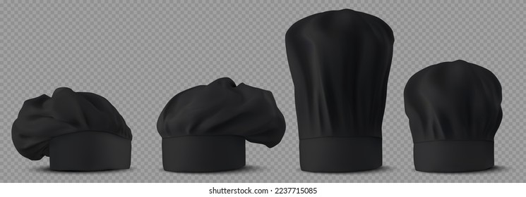 Black chef hats, cooker uniform in restaurant or cafe kitchen. Mockup of professional baker or cooker toques isolated on transparent background, vector realistic illustration