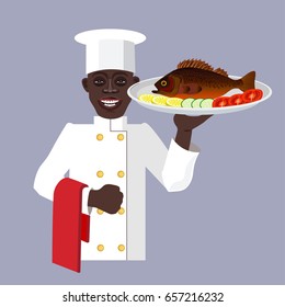 Black chef holding fish dish. Vector illustration