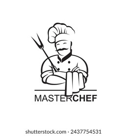 black chef icon with fork isolated on white background