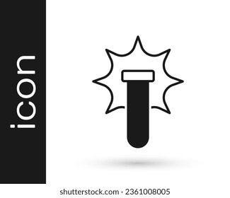 Experimento químico negro, explosión en el icono del matraz aislado en fondo blanco. Explosión química en un tubo de ensayo.  Vector