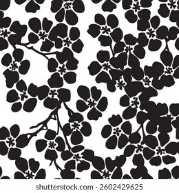 Black cherry blossom floral pattern with white background. Seamless pattern with florals for fabric, textiles, clothing, wrapping paper. Vector illustration