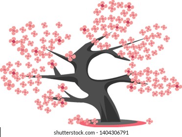 A black cherry blossom tree with many flowers, vector, color drawing or illustration. 