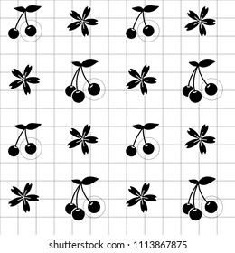 Black cherry icon and cherry blossom flowers in lineal grid and white background. Vector illustration. Seamless line pattern. Nature sketch. Geometrical grid.