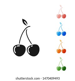 Black Cherry icon isolated on white background. Fruit with leaf symbol. Set icons colorful. Vector Illustration