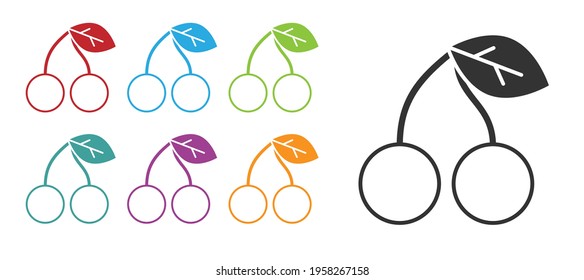 Icono de cerezo negro aislado en fondo blanco. Fruta con símbolo de hoja. Indique los iconos en colores. Vector