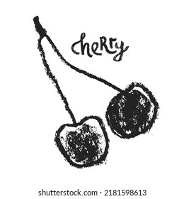 Black Cherry symbol isolated. Hand drawn fruit sketch drawing. Stencil style icon of merry illustration for baby food logo, juice label design, berry sign, fruity packaging. Vector cherries insignia.