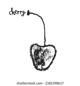 Black Cherry symbol isolated. Hand drawn fruit sketch drawing. Stencil style icon of merry illustration for baby food logo, juice label design, berry sign, fruity packaging. Vector cherries insignia.
