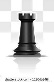 Black chess figure rook on a background of chessboard cells. Dark Tower. Realistic vector illustration