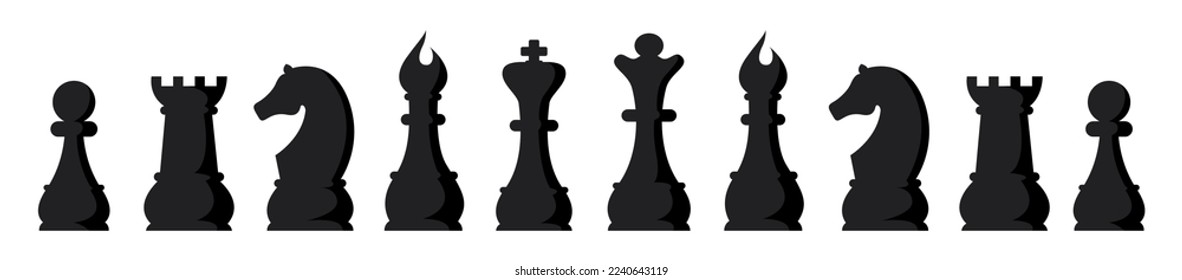 Black and chess game pieces, figures set. Logical tactical turn-based game, chess tournament, sport game, hobby and interests, highly intellectual occupation. Vector illustration isolated.