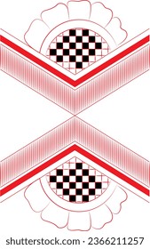 black chess grid with red stars for background, Traditional Romanian folk art knitted embroidery pattern
