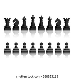 Black chess icons set. Chess board figures. Illustration chess pieces. Nine objects including king, queen, bishop, knight, rook, pawn. Vector EPS10