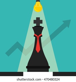 Black chess king as a concept business or politic strategy. Chart on the background as a symbol of success. Flat vector illustration.