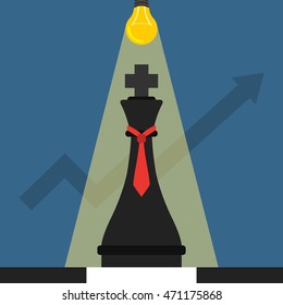 Black chess king as a concept business or politic strategy. Chart on the background as a symbol of success. Flat vector illustration.