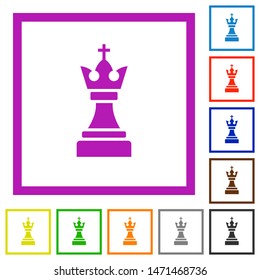 Black chess king flat color icons in square frames on white background