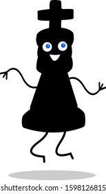 black chess king with round blue eyes smiles and jumps an object on a white background popular figure concept of board games and success cartoon character for design