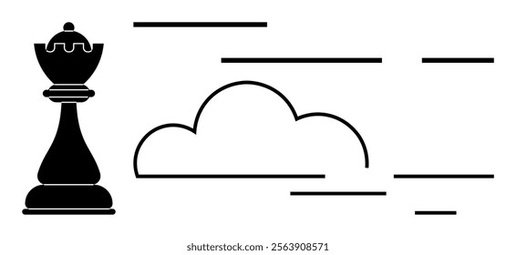 A black chess king stands beside a cloud with horizontal lines in a minimalistic black and white design. Ideal for strategy themes game concepts leadership planning and simplicity illustrations