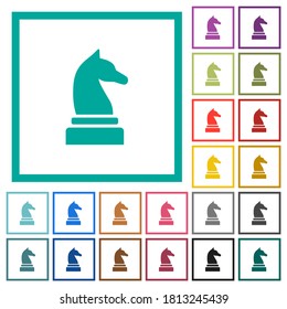 Black chess knight flat color icons with quadrant frames on white background