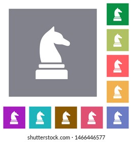 Black chess knight flat icons on simple color square backgrounds