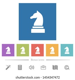 Black chess knight flat white icons in square backgrounds. 6 bonus icons included.