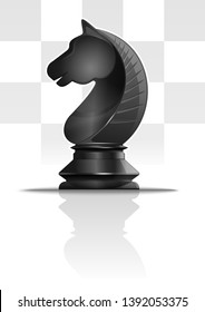 Black chess knight on a background of chessboard cells. Chess knight figure. Horse symbol. Chess concept design. Realistic vector illustration
