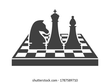 Schwarzes Schach-Logo-Vorlage. King-, Ritter- und Bischofsfiguren auf Schachbrett einzeln auf weißem Hintergrund. Schachturnier und Berufssportwettbewerb Symbol. Schachschule, Vektorzeichen
