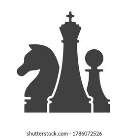 Black chess logo template. Chess tournament and professional sport competition symbol. Chess club graphic sign vector illustration. King, knight and pawn figures isolated on white background.