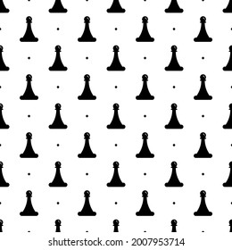 Black chess pawn figures, silhouettes and dots vector seamless pattern background.
