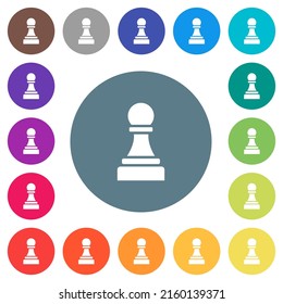 Black chess pawn flat white icons on round color backgrounds. 17 background color variations are included.