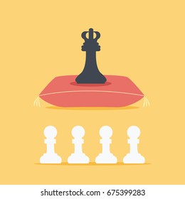 black chess piece king or queen cartoon. flat design real life game for business black man boss or manager vector on a royal pillow or cushion & pawns pieces slaves or employees clean isolated simple