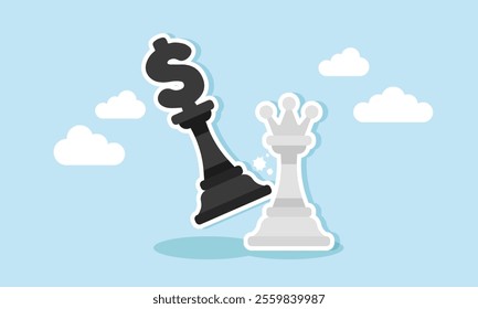 Black chess piece labeled with a dollar symbol strikes the white king piece, illustration of price competition in business strategy