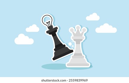 Black chess piece labeled with a light strikes the white king piece, illustration of competition in improving the application of business ideas and innovations