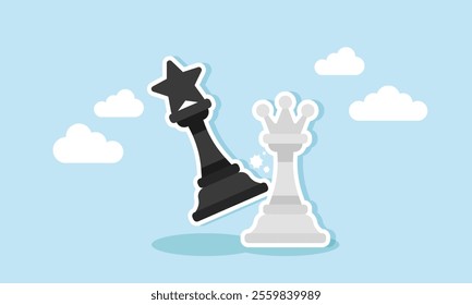 Black chess piece labeled with a star strikes the white king piece, illustration of competition in improving business ratings and quality