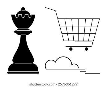 Black chess piece and outlined shopping cart with stylized cloud. Ideal for e-commerce, online shopping, strategy, business planning, and innovation themes. Minimalist, modern, clean style