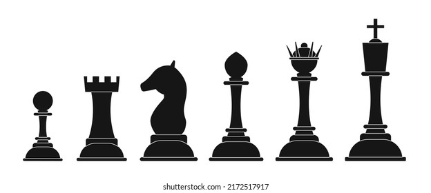 Black chess pieces. Queen pawn and king isolated. Chessboard elements, abstract professional table game horse, knight recent vector icons