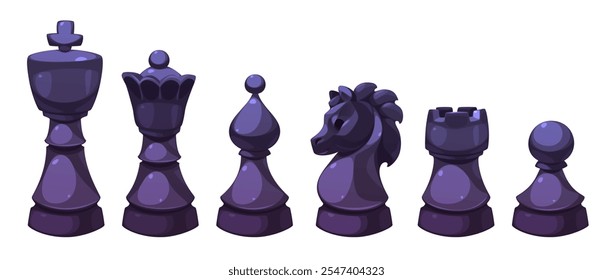 Peças de xadrez pretas colocadas isoladas em fundo branco. Ilustração de desenho animado vetorial de rei, rainha, bispo, cavaleiro, torre, figuras de peões para jogo de tabuleiro, desafio xeque-mate, competição de esportes intelectuais